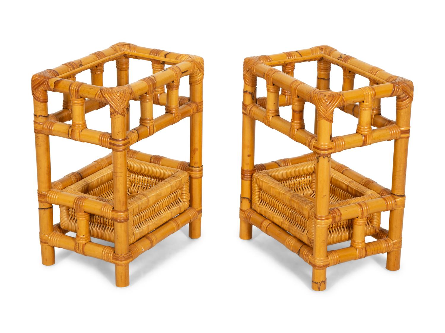 A Bielecky Brothers Rattan Settee with Two End Tables and a Pair of Ottomans