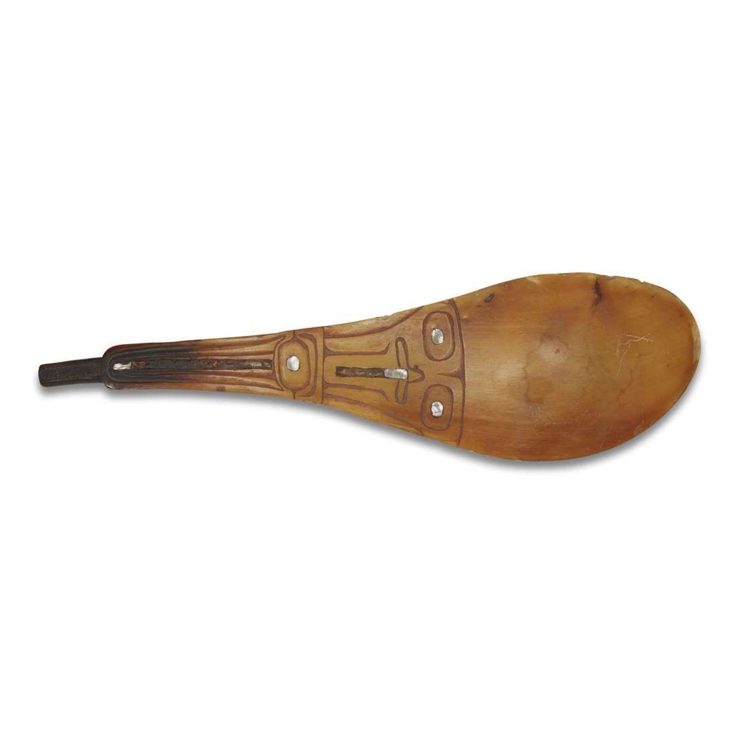 Northwest Coast mother-of-pearl inlaid horn spoon probably Haida, late 19th century