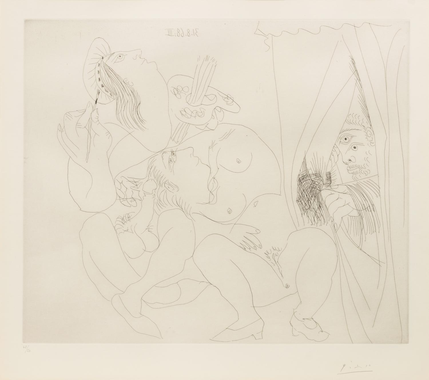 Raphaël et la Fornarina. V: Avec voyeur écartant le rideau (pl. 300 from the 347 Series)