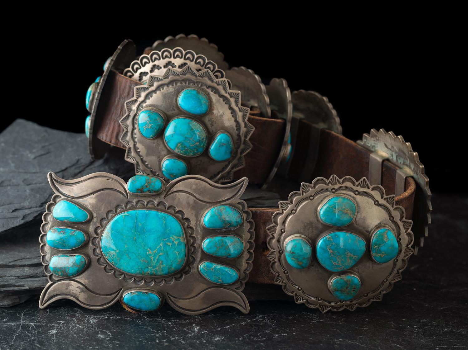 Heavy Sterling Silver and Turquoise Cluster Concha Belt