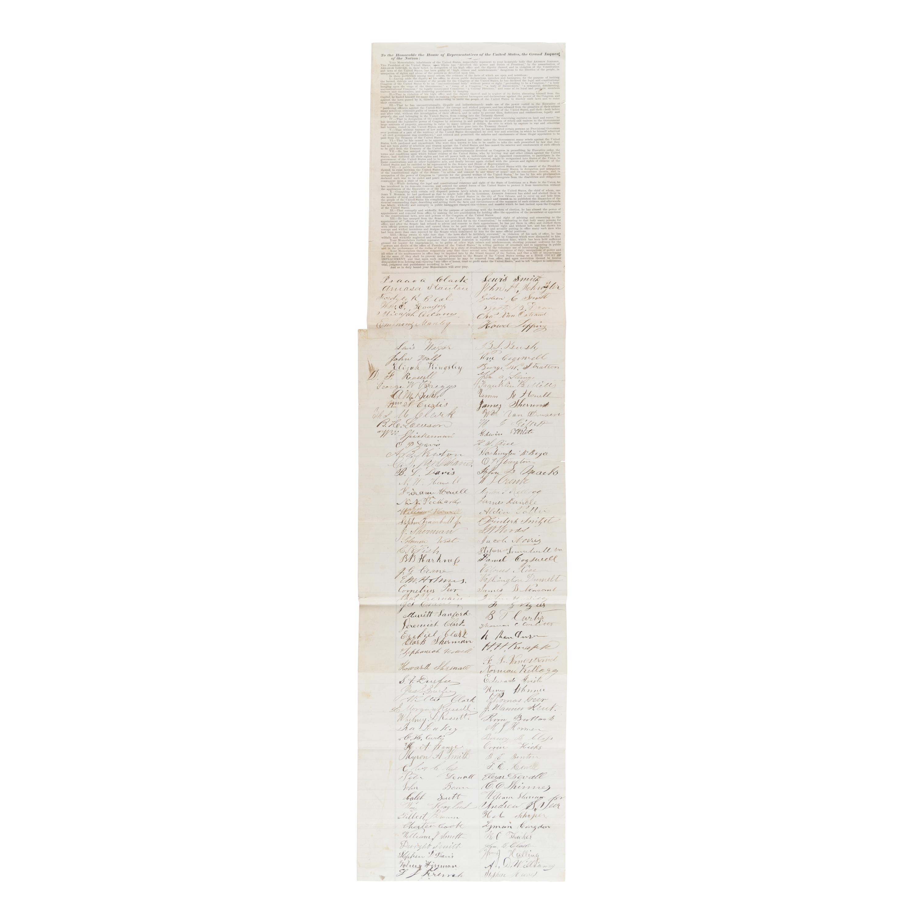 [Johnson, Andrew (1808-1875)]. An early petition and broadside calling for the impeachment of President Andrew Johnson, [Washington, D.C.?], n.d. [ca 1867].