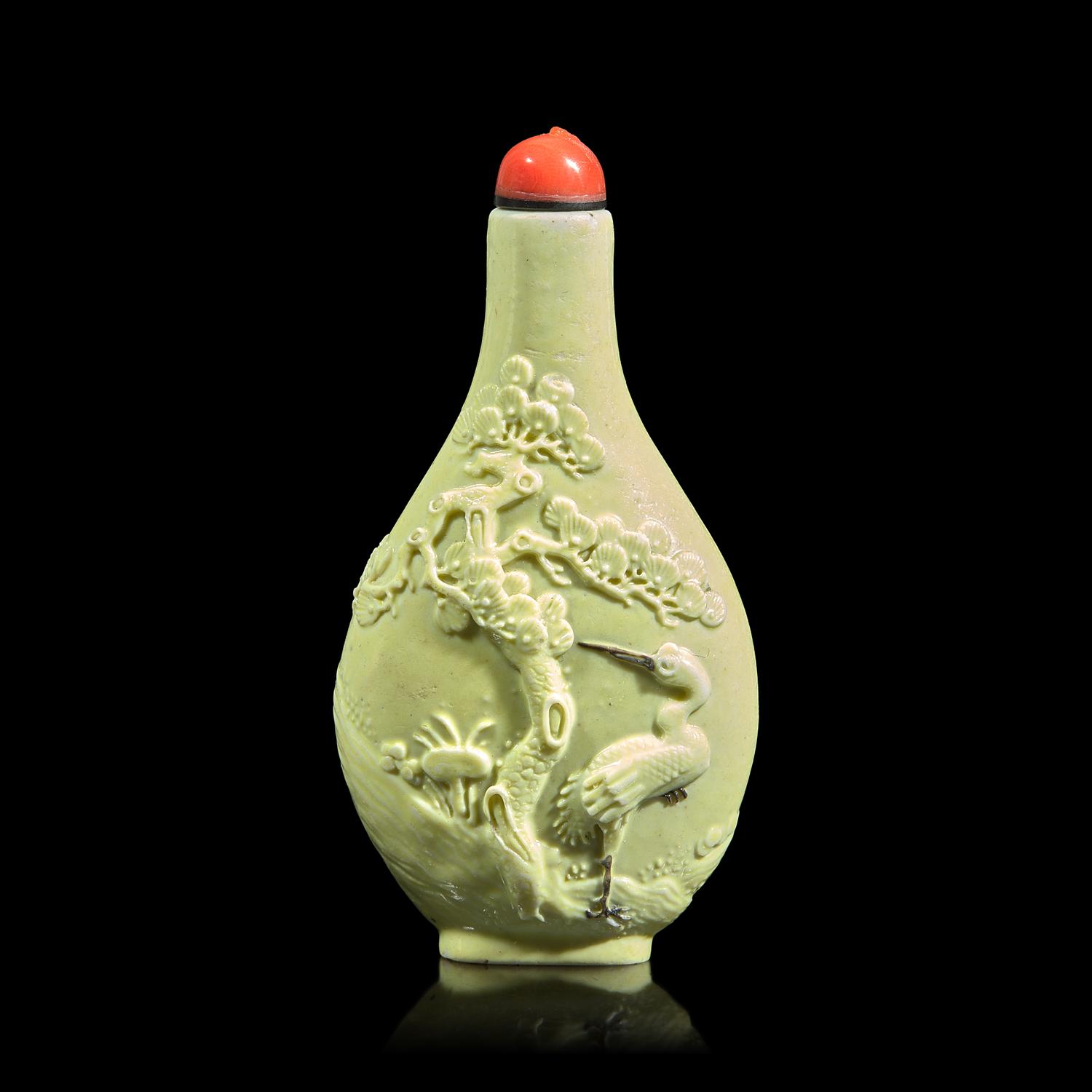 A Chinese Pale Yellow Enameled Biscuit "Cranes and Pine" Snuff Bottle