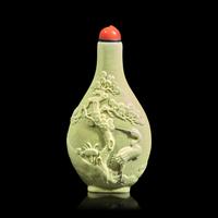 A Chinese Pale Yellow Enameled Biscuit "Cranes and Pine" Snuff Bottle