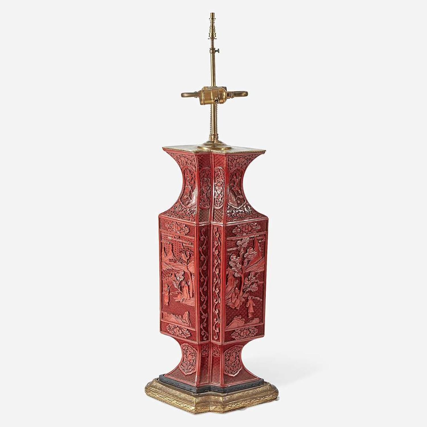 A Chinese carved cinnabar lacquer double vase, mounted as lamp the lacquer 19th Century or later