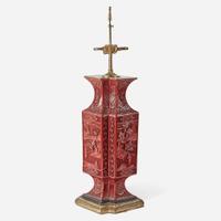 A Chinese carved cinnabar lacquer double vase, mounted as lamp the lacquer 19th Century or later