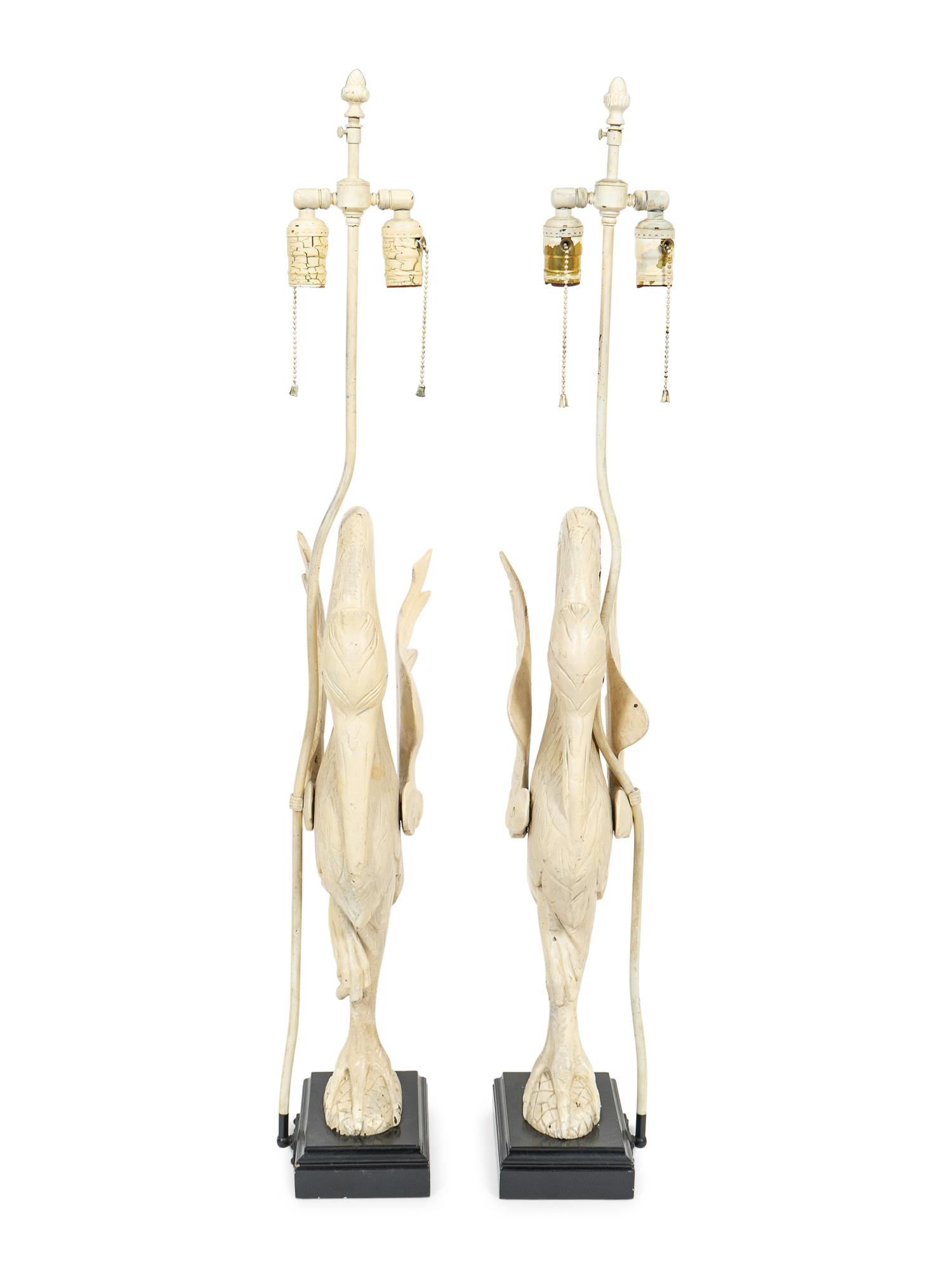 A Pair of White-Painted Carved Crane Lamps