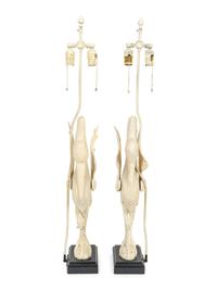 A Pair of White-Painted Carved Crane Lamps