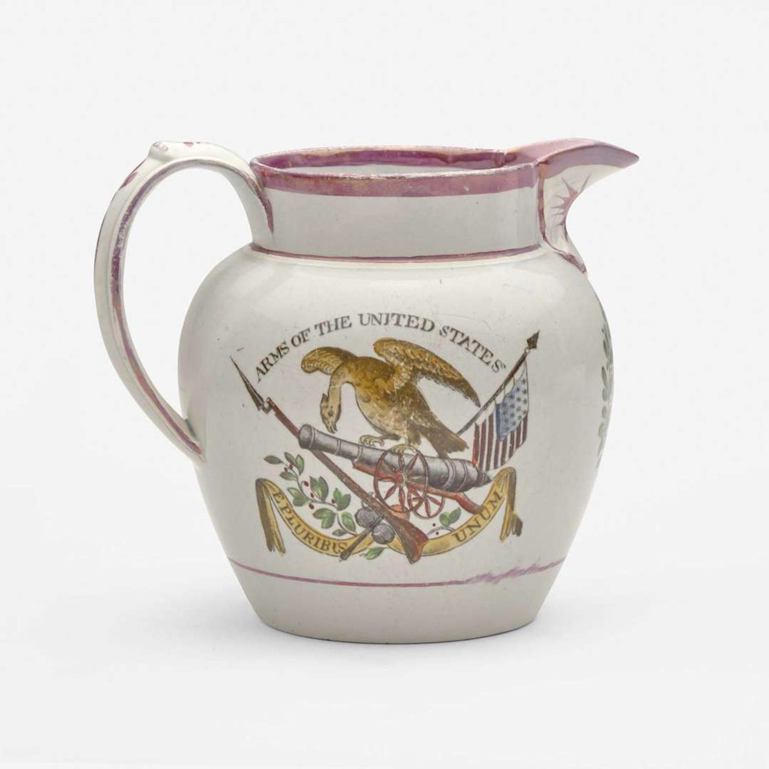 A small Staffordshire enamel and transfer-decorated pearlware jug England, early 19th century