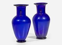 An unusual pair of cobalt blue glass baluster vases 藍色琉璃雙耳花樽一對