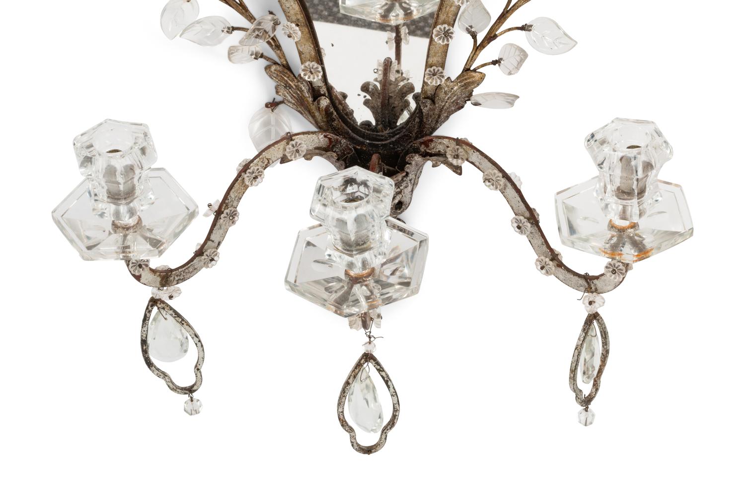A Pair of Silvered Metal and Glass Three-Light Girandole Mirrors in the Style of Maison Baguès