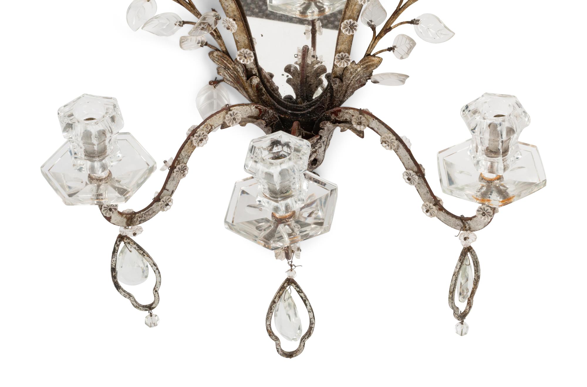 A Pair of Silvered Metal and Glass Three-Light Girandole Mirrors in the Style of Maison Baguès