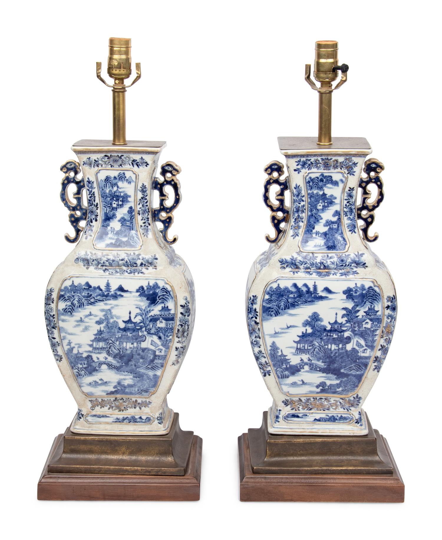 A Pair of Chinese Export Porcelain Vases Mounted as Lamps