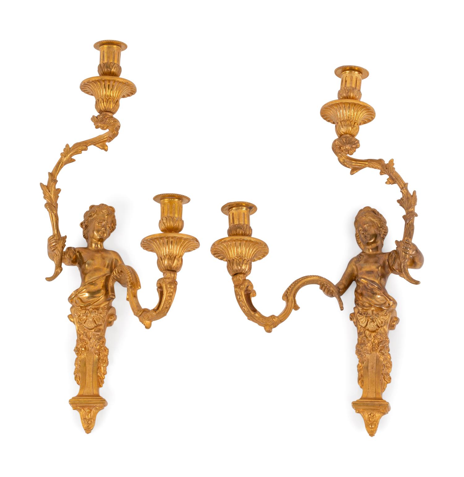 A Pair of Louis XV Style Gilt Bronze Figural Two-Light Sconces
