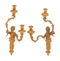 A Pair of Louis XV Style Gilt Bronze Figural Two-Light Sconces