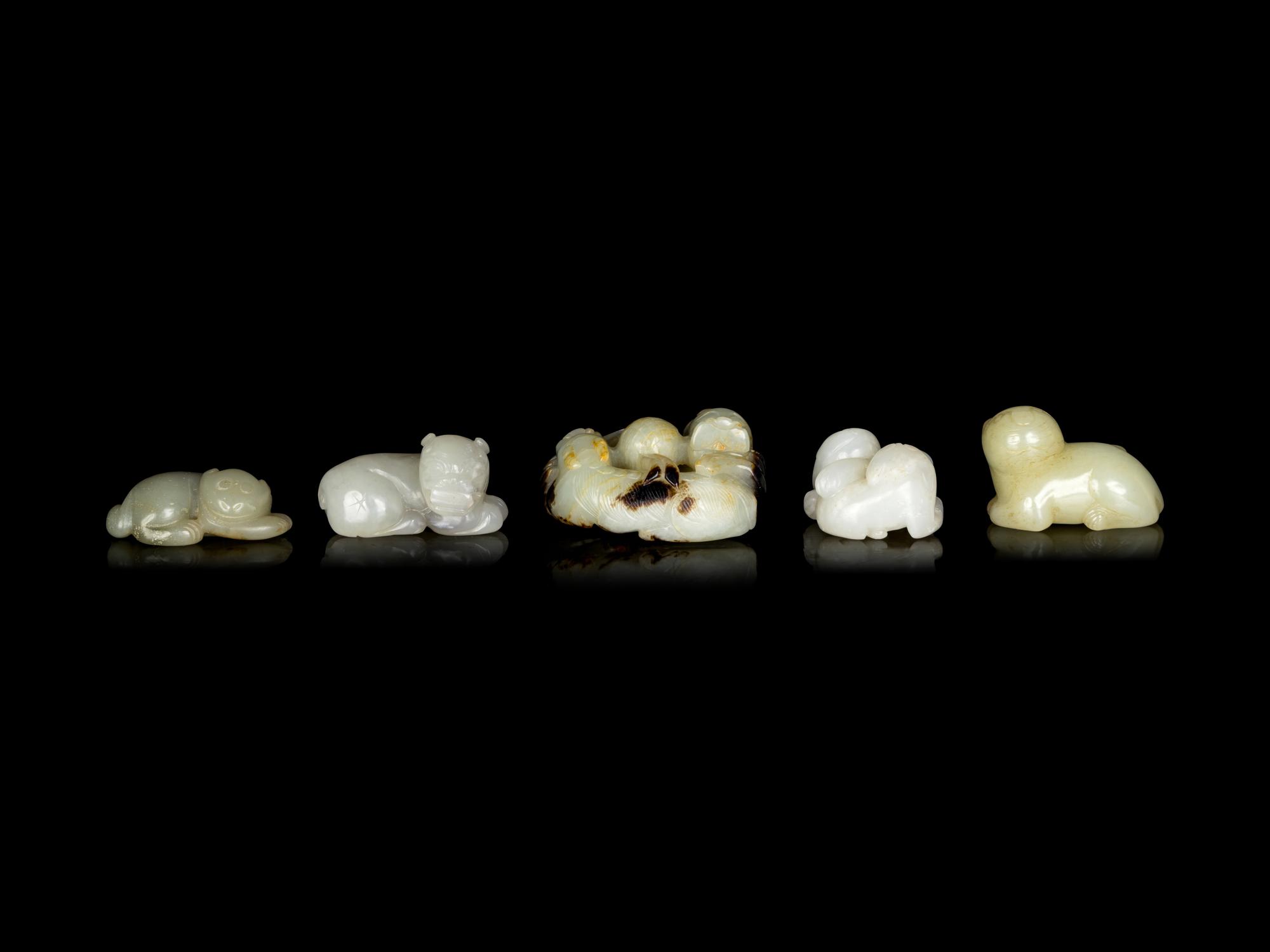 Five Chinese Celadon Jade Carved Recumbent Mythical Beasts