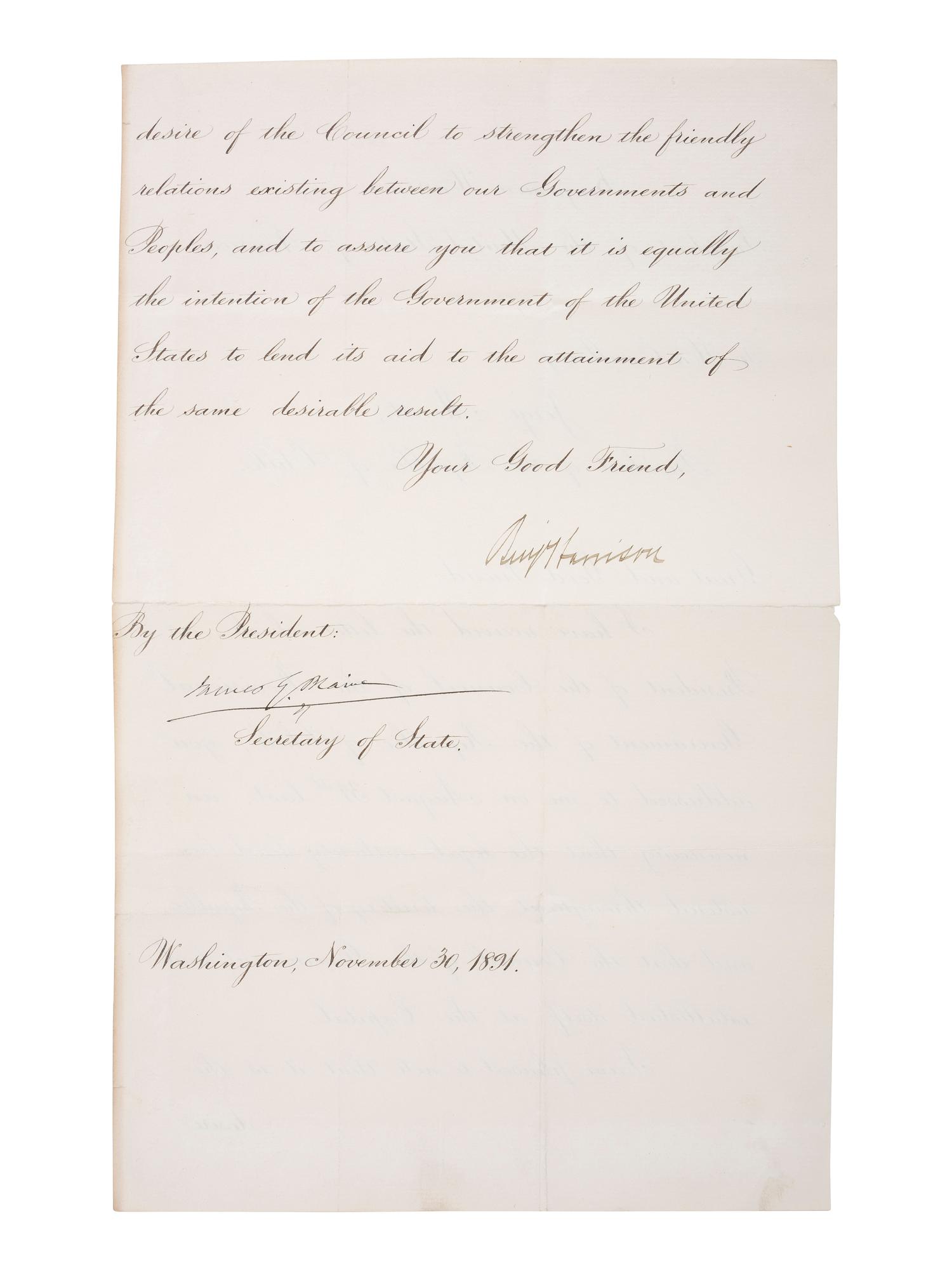 [US PRESIDENTS] -- [HARRISON, Benjamin (1833-1901)]. Letter Signed as President, to Chilean President Jorge Montt Álvarez. Washington, DC, 30 November 1891.