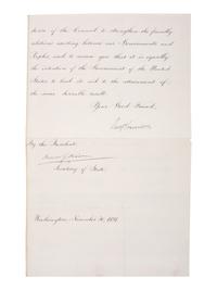 [US PRESIDENTS] -- [HARRISON, Benjamin (1833-1901)]. Letter Signed as President, to Chilean President Jorge Montt Álvarez. Washington, DC, 30 November 1891.