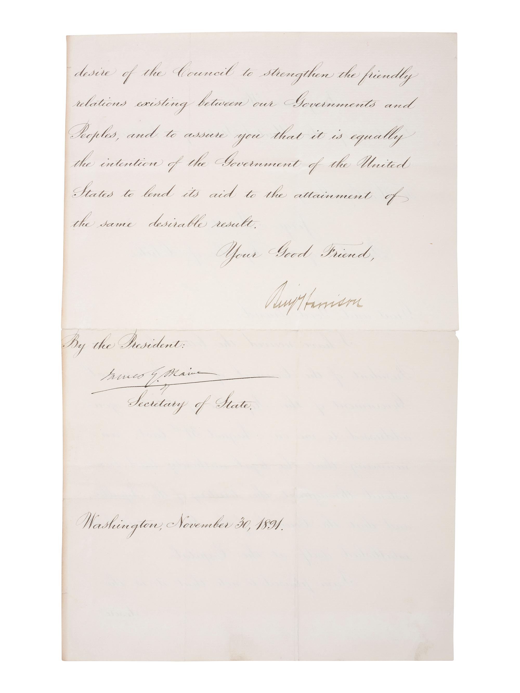 [US PRESIDENTS] -- [HARRISON, Benjamin (1833-1901)]. Letter Signed as President, to Chilean President Jorge Montt Álvarez. Washington, DC, 30 November 1891.