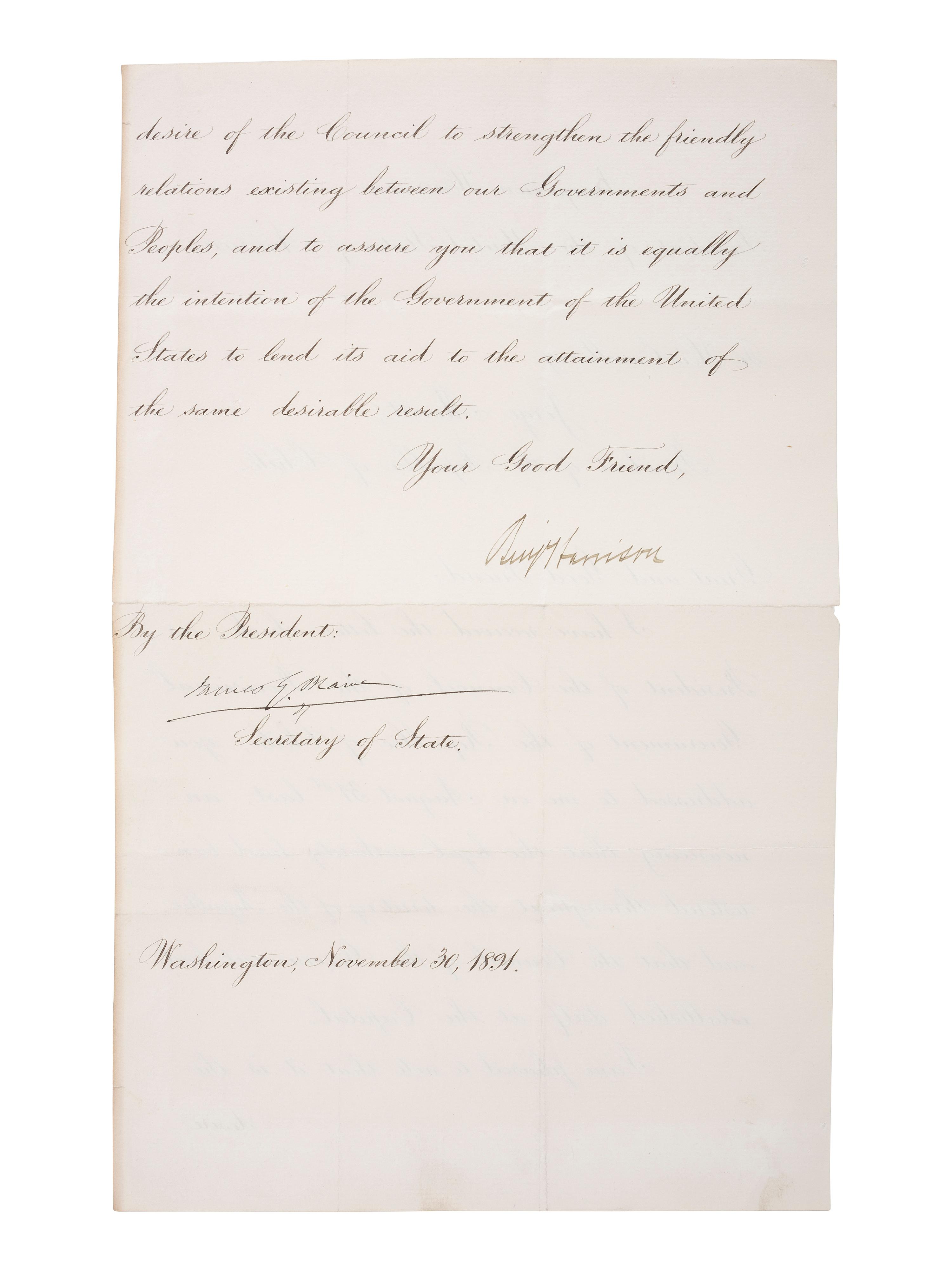 [US PRESIDENTS] -- [HARRISON, Benjamin (1833-1901)]. Letter Signed as President, to Chilean President Jorge Montt Álvarez. Washington, DC, 30 November 1891.