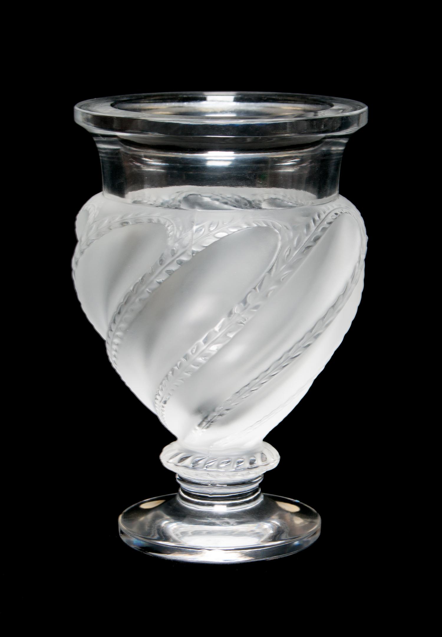 A Lalique Molded and Frosted Glass Vase Height 5 7/8 inches.
