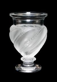 A Lalique Molded and Frosted Glass Vase Height 5 7/8 inches.