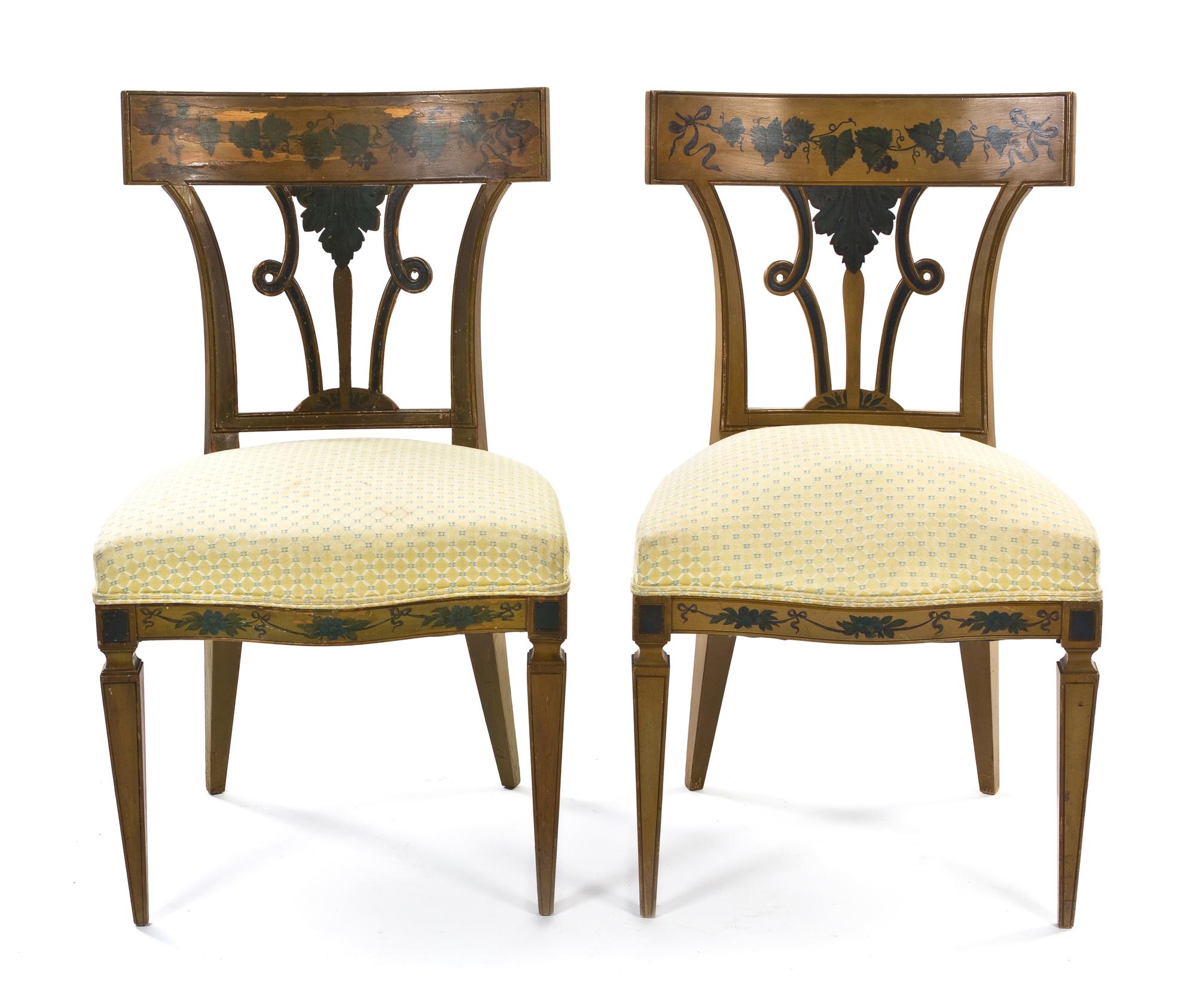 A Pair of Continental Painted Side Chairs, Height 35 inches.
