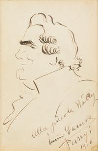 CARUSO, Enrico (1873-1921). Original drawing, profile self portrait caricature, in pen and ink, inscribed signed and dated lower right ("Enrico Caruso Parigi 1910"). To Wally Toscanini (" Alla piccola Wally").