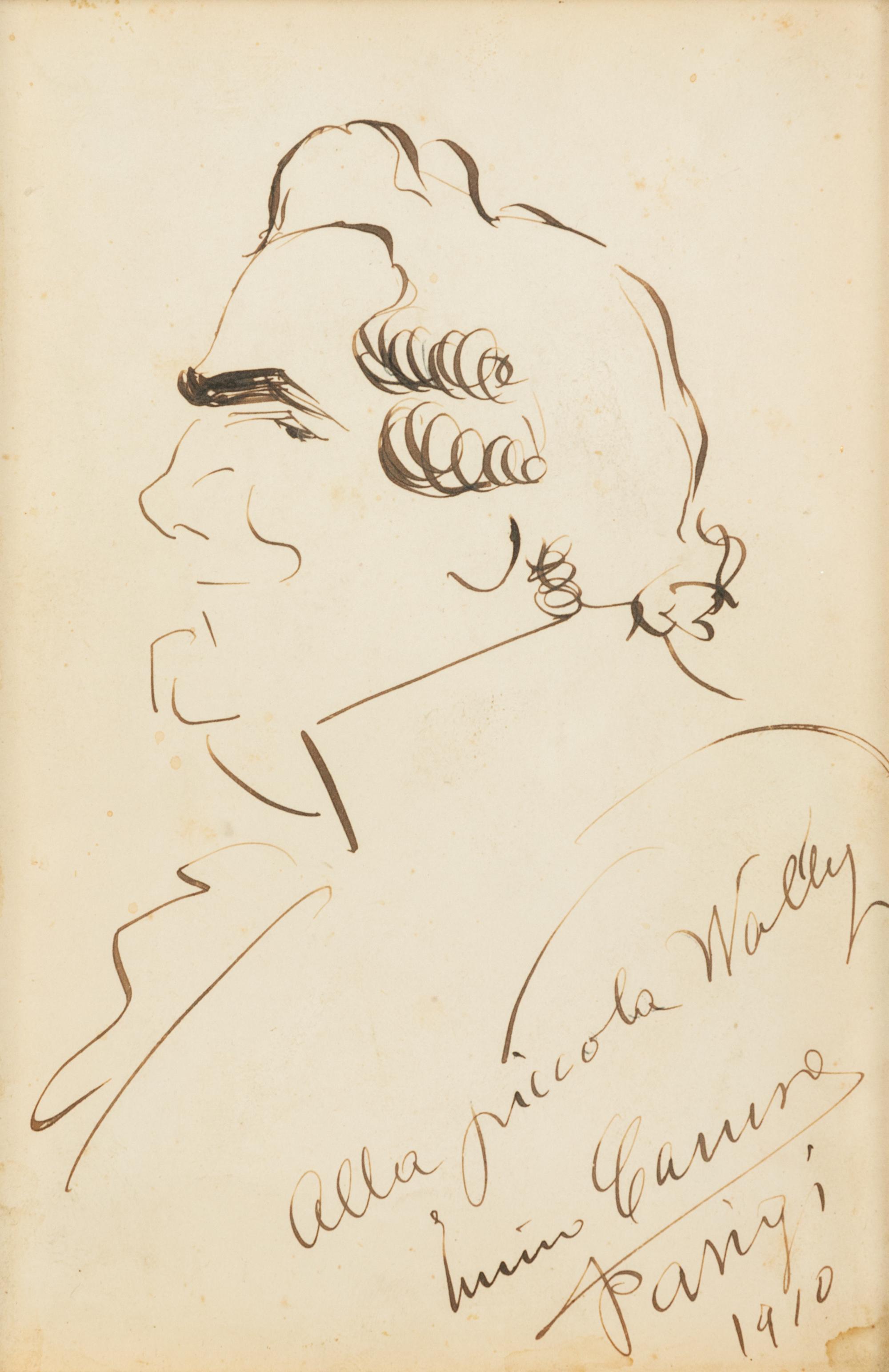 CARUSO, Enrico (1873-1921). Original drawing, profile self portrait caricature, in pen and ink, inscribed signed and dated lower right ("Enrico Caruso Parigi 1910"). To Wally Toscanini (" Alla piccola Wally").