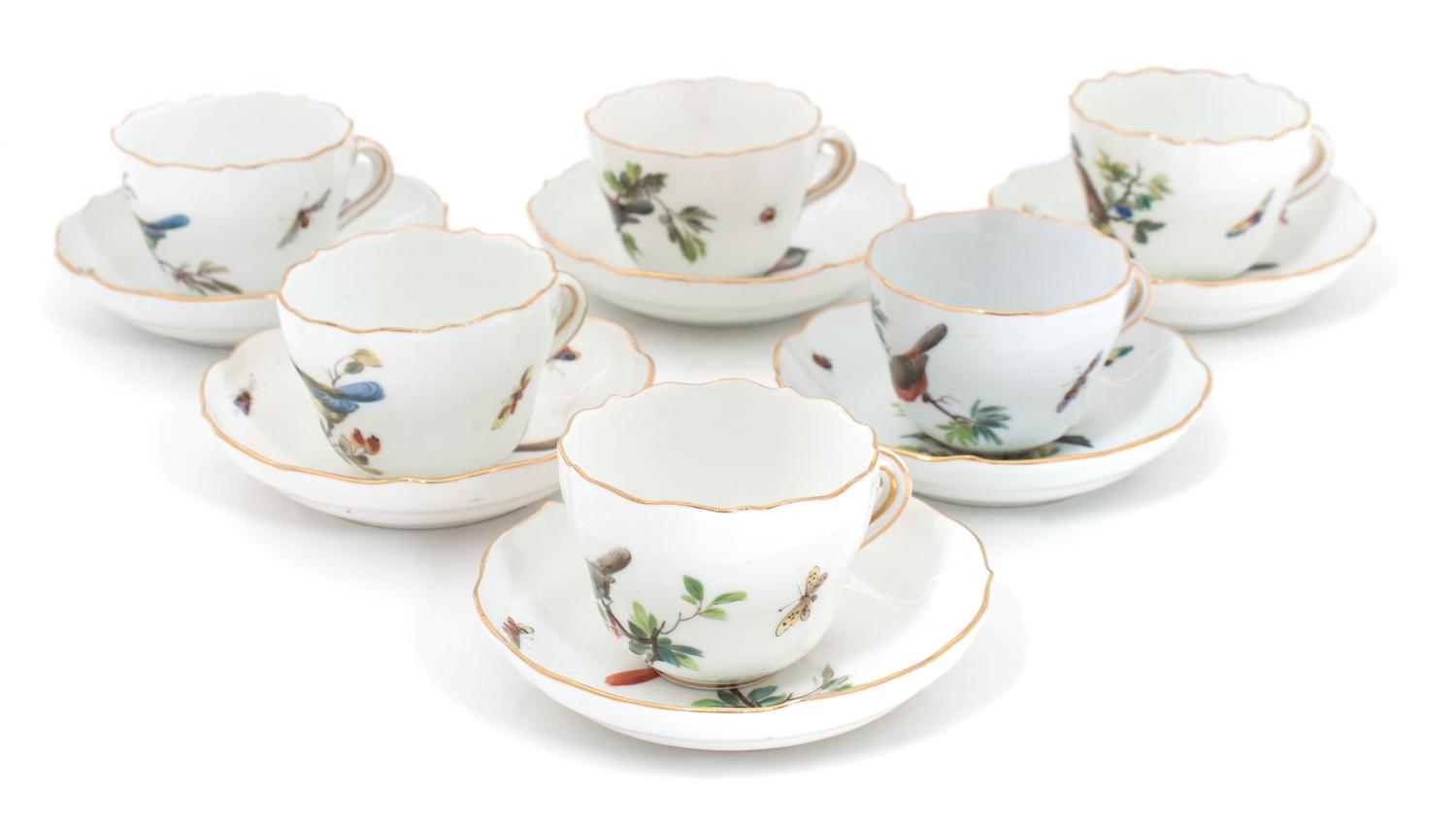 A Meissen Porcelain Ornithological Cased Demitasse Set, Diameter of saucer 4 1/4 inches.