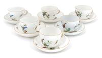 A Meissen Porcelain Ornithological Cased Demitasse Set, Diameter of saucer 4 1/4 inches.