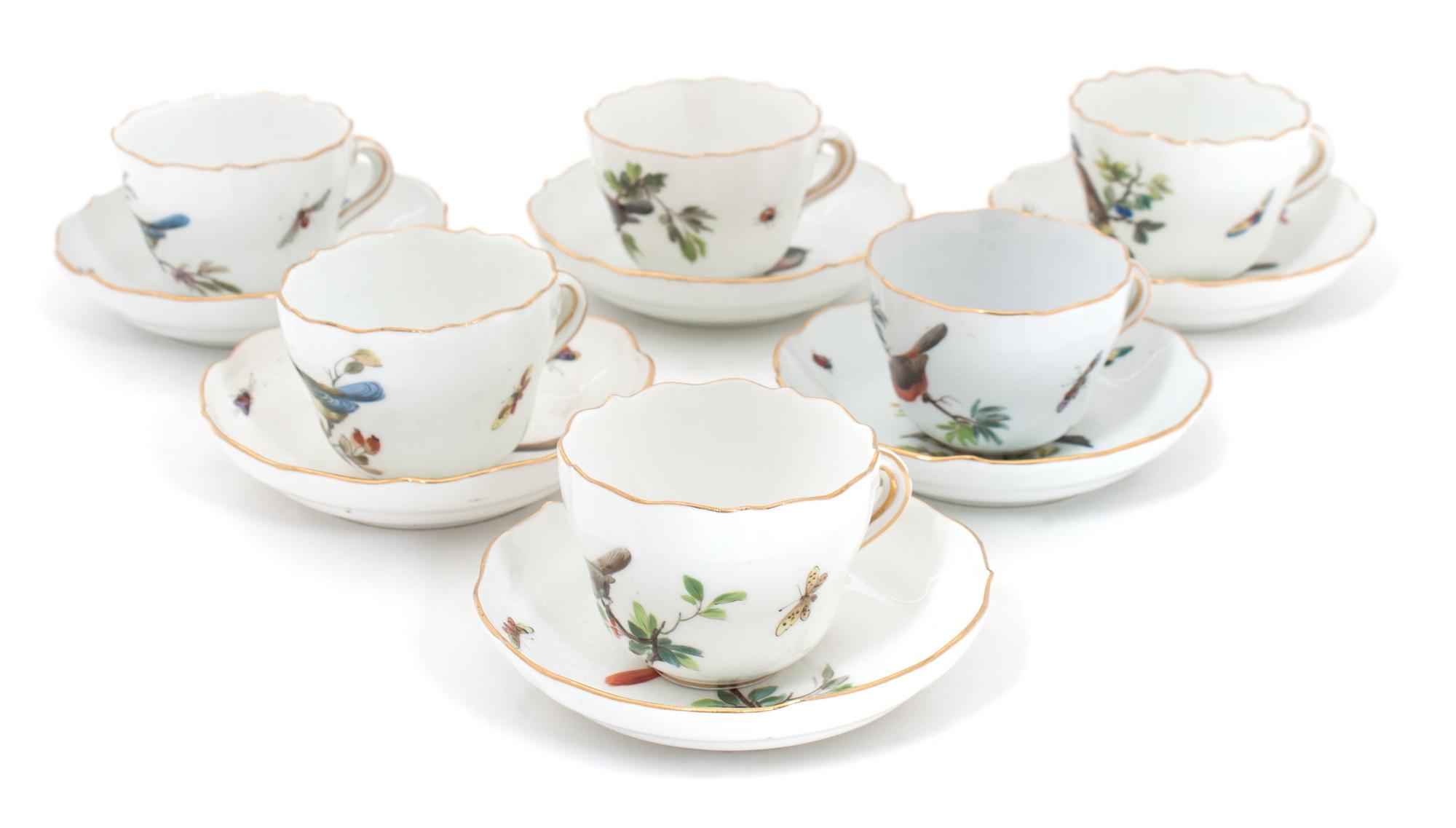 A Meissen Porcelain Ornithological Cased Demitasse Set, Diameter of saucer 4 1/4 inches.