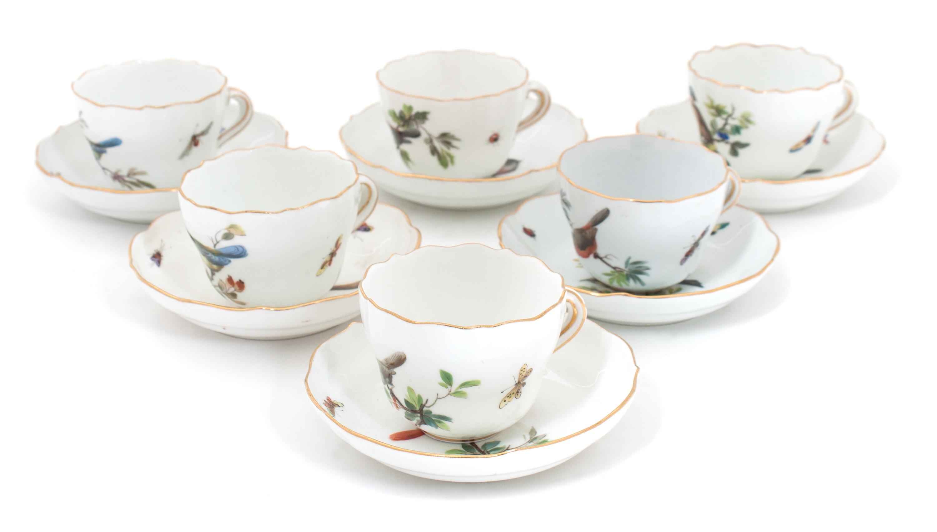 A Meissen Porcelain Ornithological Cased Demitasse Set, Diameter of saucer 4 1/4 inches.