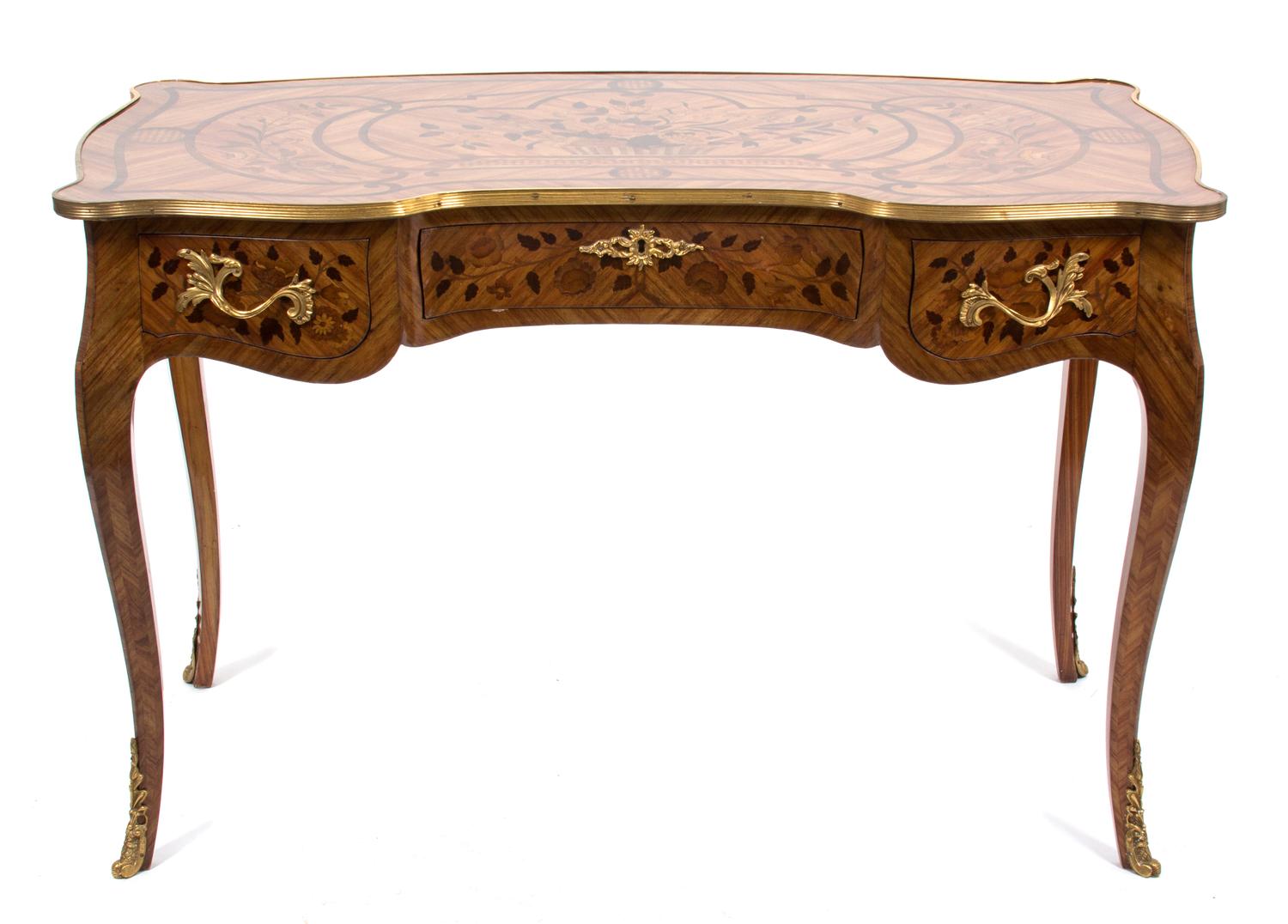 A Louis XV Style Parquetry Inlaid Gilt Bronze Mounted Bureau Plat Height 29 3/4 x width 46 x depth 23 inches. — 19TH CENTURY