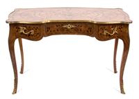 A Louis XV Style Parquetry Inlaid Gilt Bronze Mounted Bureau Plat Height 29 3/4 x width 46 x depth 23 inches. — 19TH CENTURY