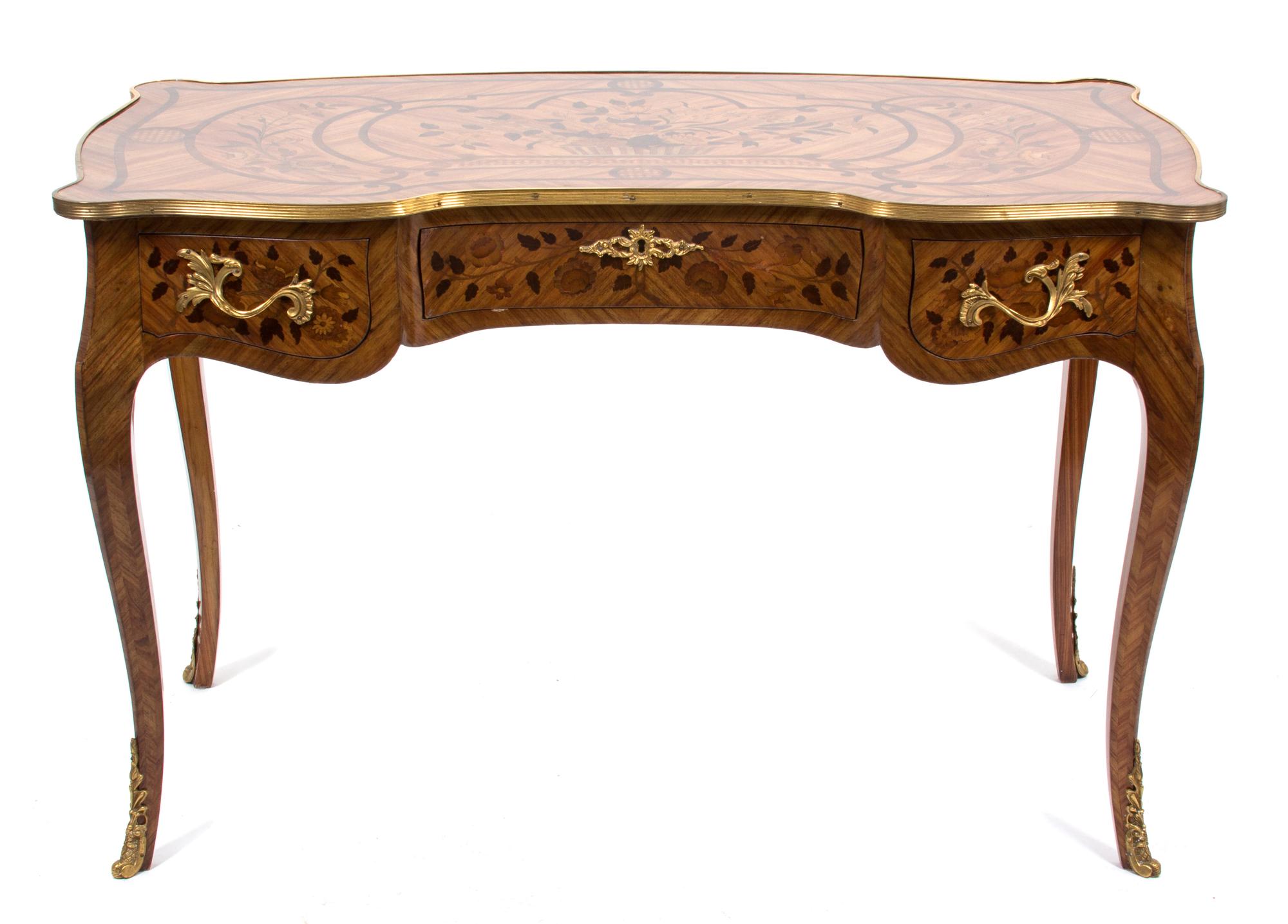 A Louis XV Style Parquetry Inlaid Gilt Bronze Mounted Bureau Plat Height 29 3/4 x width 46 x depth 23 inches. — 19TH CENTURY