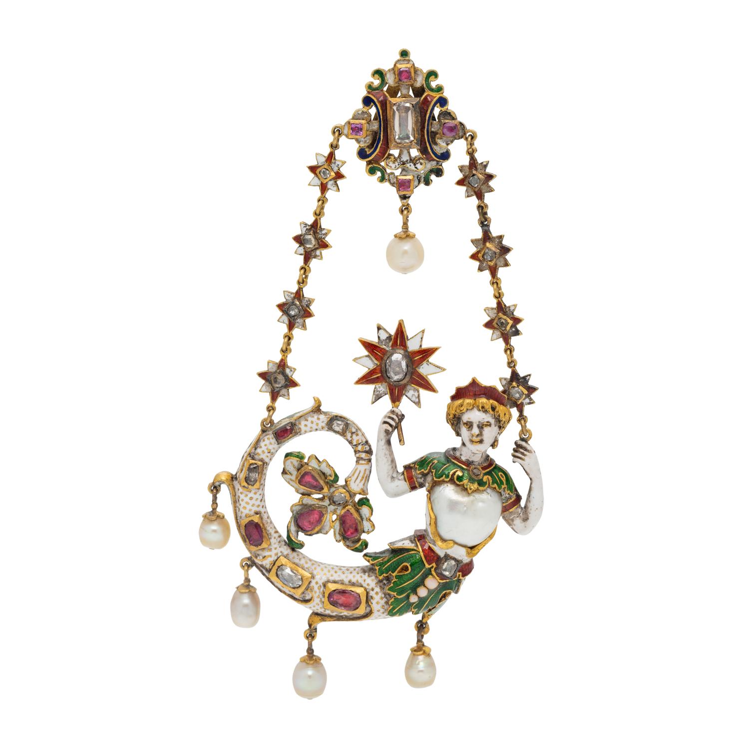 AUSTRO-HUNGARIAN, ANTIQUE, MULTIGEM AND POLYCHROME ENAMEL MERMAID PENDANT