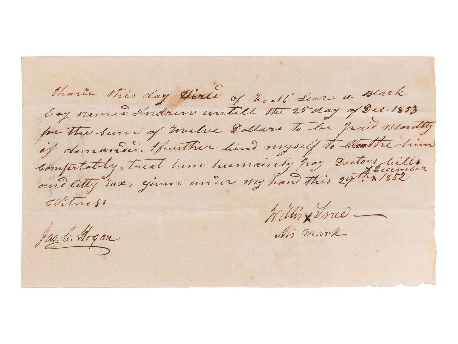 [ENSLAVEMENT] 1852 manuscript document detailing the hiring of a young enslaved person named Andrew