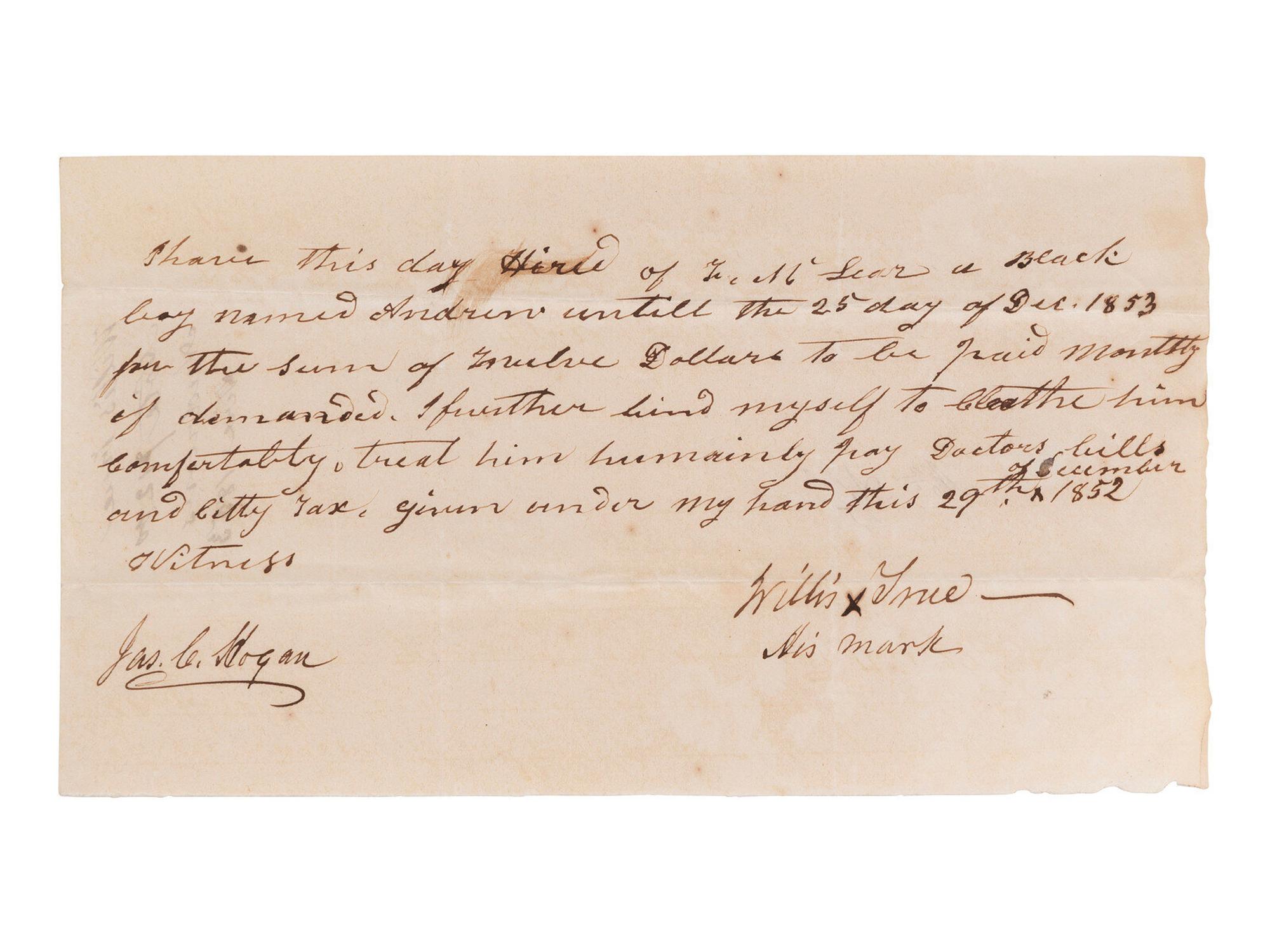 [ENSLAVEMENT] 1852 manuscript document detailing the hiring of a young enslaved person named Andrew