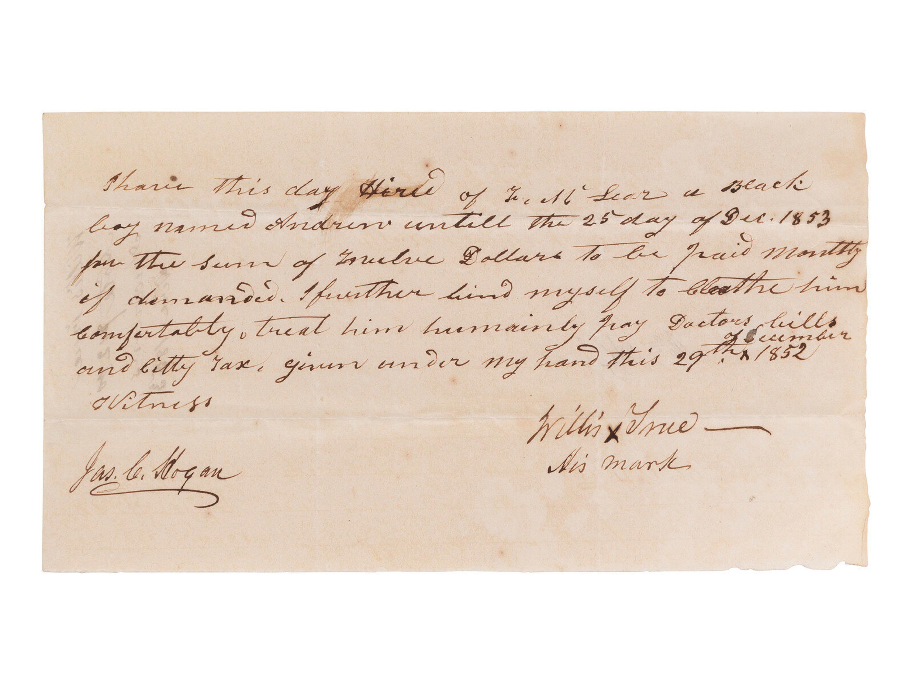[ENSLAVEMENT] 1852 manuscript document detailing the hiring of a young enslaved person named Andrew