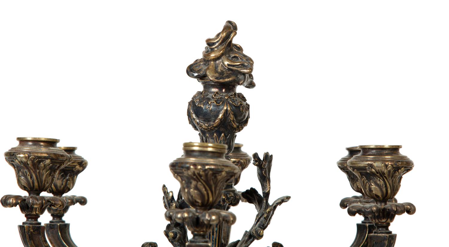 A Pair of French Silvered Bronze Six-Light Candelabra
