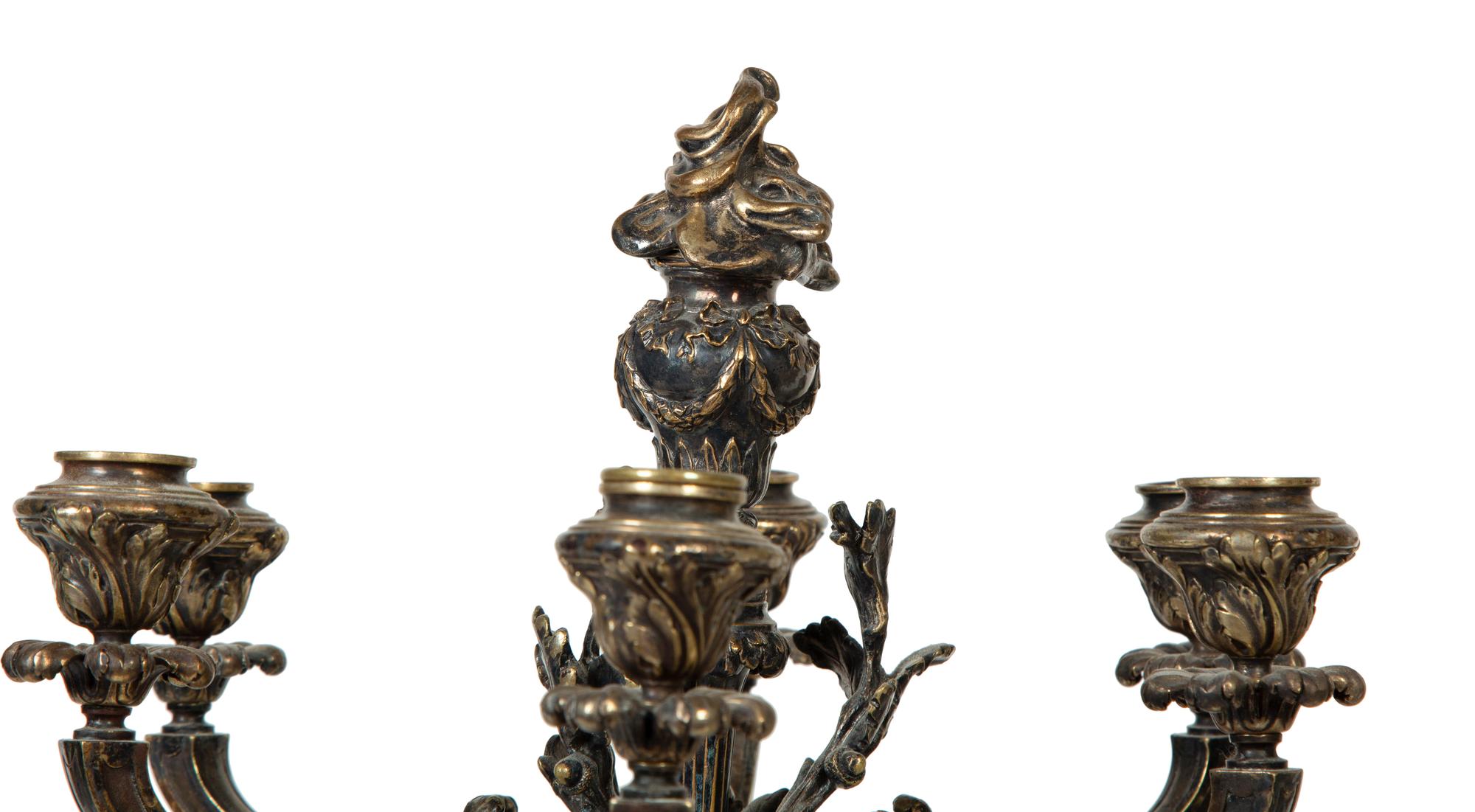 A Pair of French Silvered Bronze Six-Light Candelabra
