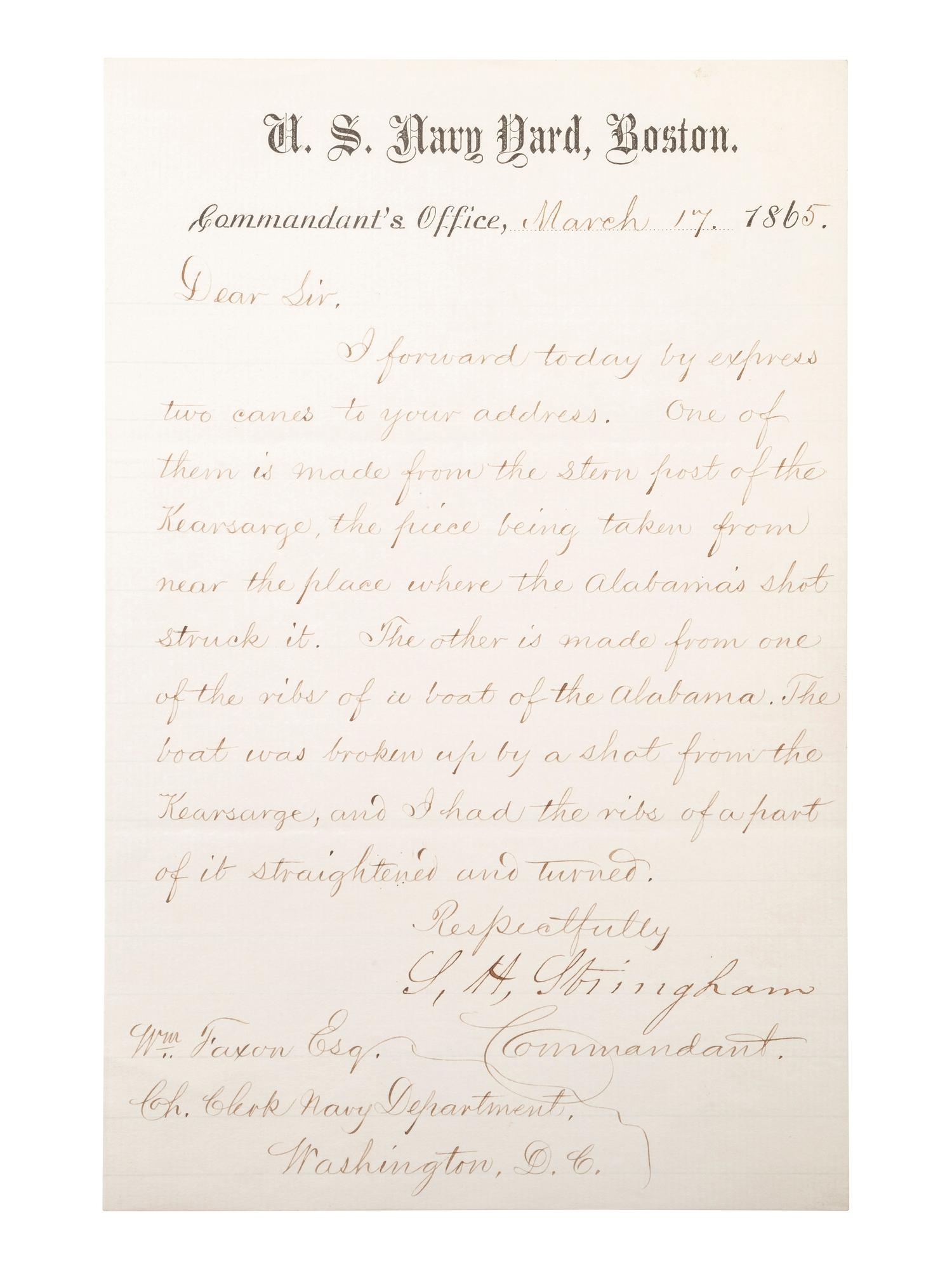 [CIVIL WAR - NAVY]. A group of 2 letters relating to the Kearsarge and Alabama , comprising: