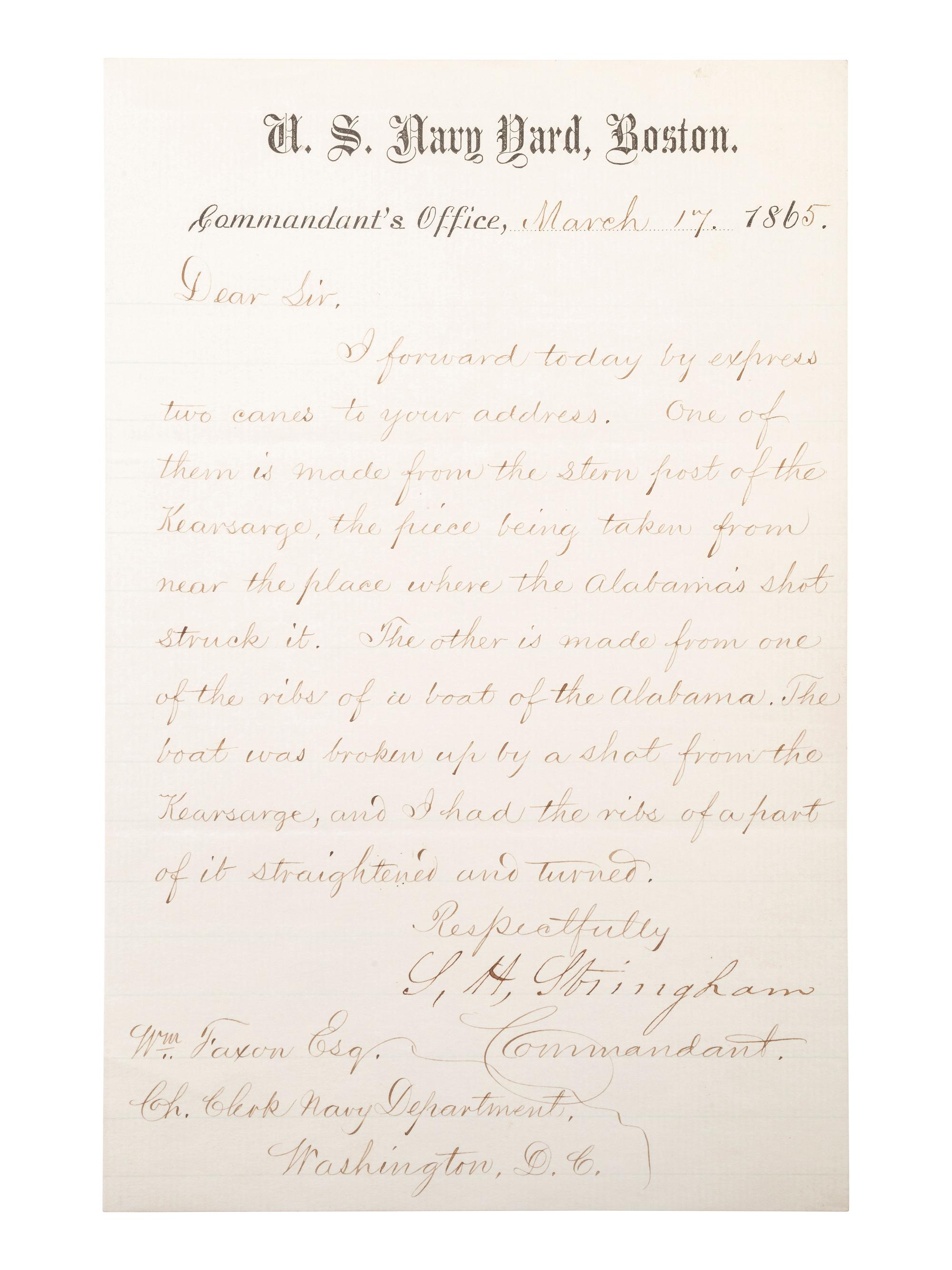 [CIVIL WAR - NAVY]. A group of 2 letters relating to the Kearsarge and Alabama , comprising: