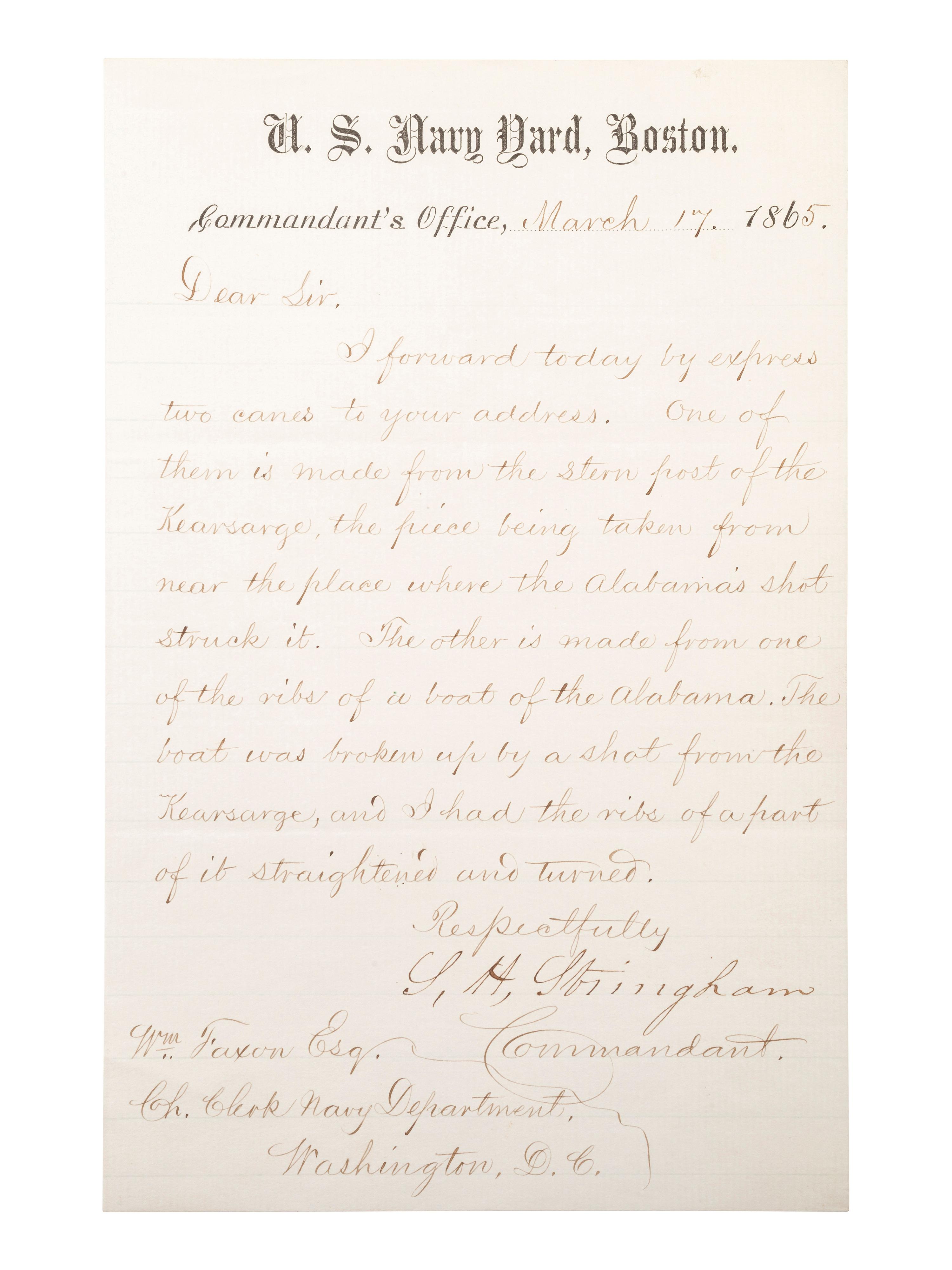 [CIVIL WAR - NAVY]. A group of 2 letters relating to the Kearsarge and Alabama , comprising: