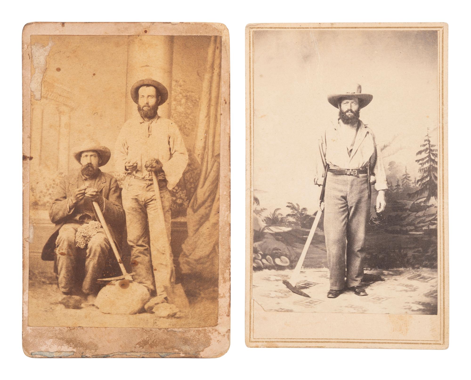 [WESTERN AMERICANA - MINING]. A group of 3 cartes de visite of gold miners with their equipment.