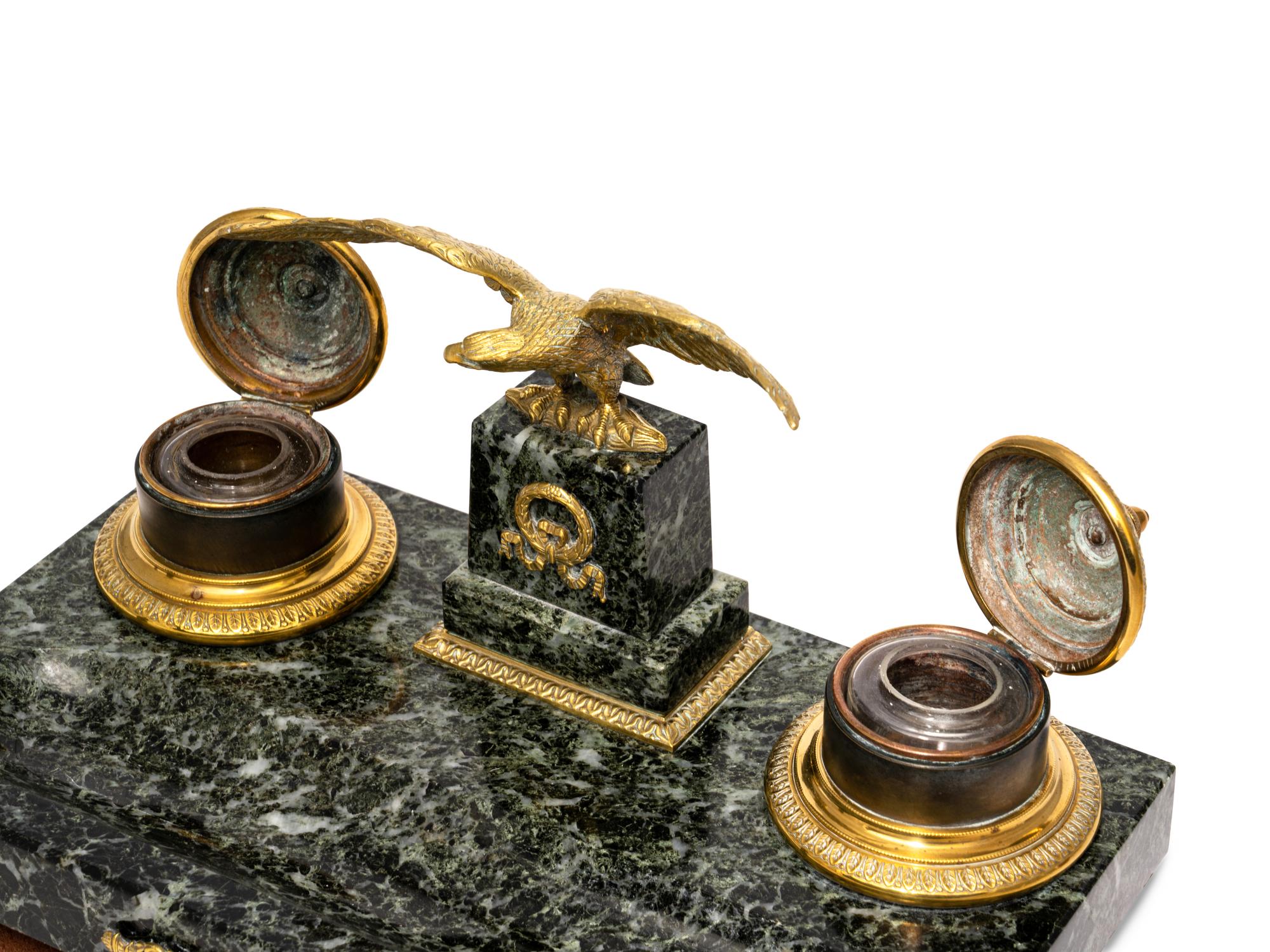 An Empire Style Gilt Metal and Marble Encrier