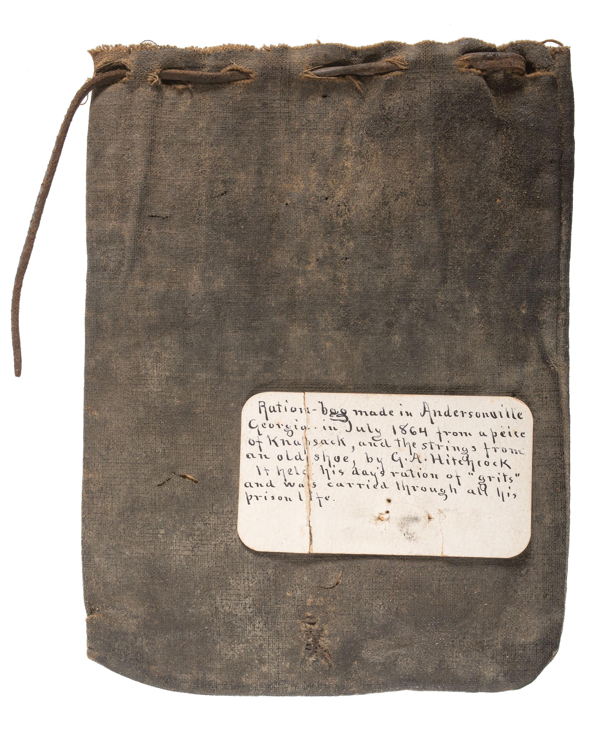 Private George A. Hitchcock, Company A, 21st Massachusetts Infantry, Andersonville Prisoner of War. Ration bag and "last days ration" of grits from Florence, South Carolina prison.