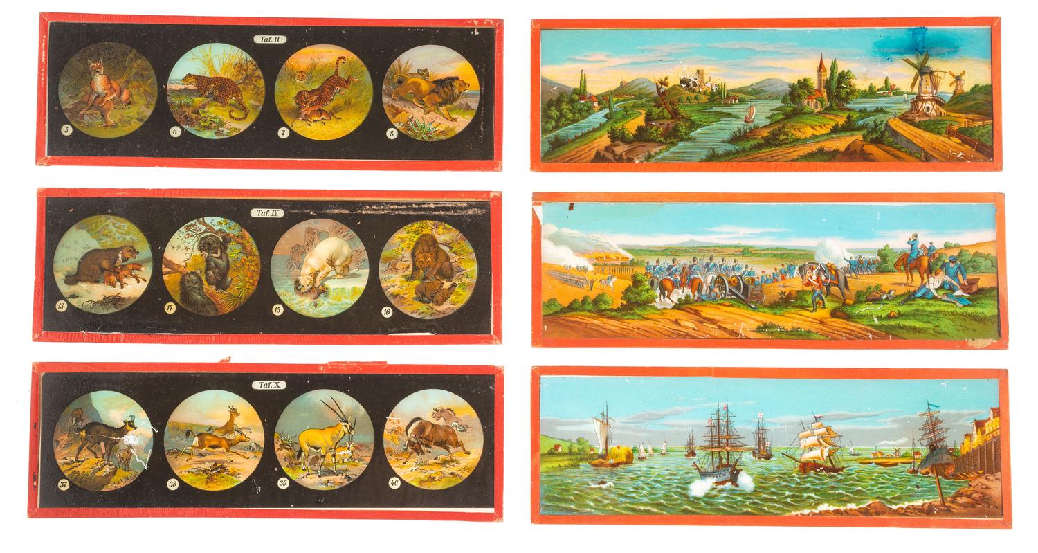 [MAGIC LANTERN SLIDES]. A group of 37 miscellaneous glass viewing slides including chromatrope mechanical examples.
