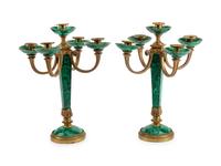A Pair of Neoclassical Style Gilt-Bronze and Malachite Five-Light Candelabra