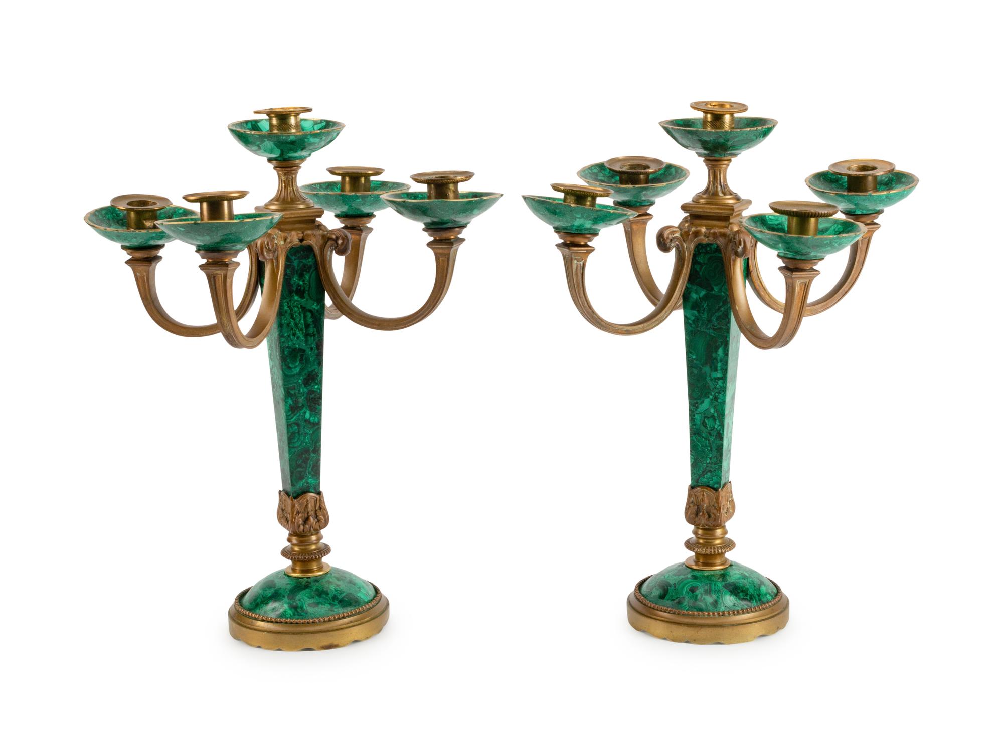 A Pair of Neoclassical Style Gilt-Bronze and Malachite Five-Light Candelabra